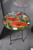 Folding Glass Topped Table with Poppy Design