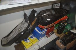 Collection of Motorcycle Spares Including Seats, Honda Fuel Tank, CB250 Front Shock Absorbers,