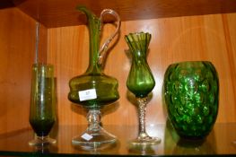 4x Retro Green Glass Vases etc.