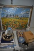 Framed Print of Sunflowers and Cyprus Trees, Tray of Assorted Wedgwood Pottery, Posy Rings,