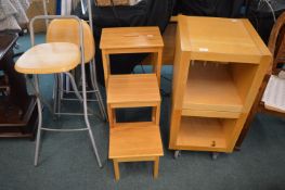 Modern Bookcase on Wheels, Folding Step Stool, and 2x Folding Stools