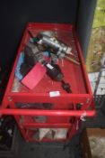 Three Tier Tool Trolley Containing Assorted Vehicle Spares, Pneumatic Grinder, and a Pneumatic