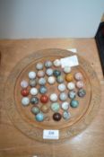 Wooden Solitare Board with Semi-Precious Gemstone Marbles