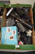 Box of Assorted Cameras and Accessories Including Zenit E Camera with Prinz Galaxy 1:63 F400mm