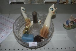 Cut Glass Fruit Bowl, Rabbit & Cat Ornament, Scent Bottles, and a Silver Rimmed Perfume Bottle