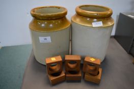 2x Victorian Stoneware Jars, and 6x Retro Wooden Napkin Rings