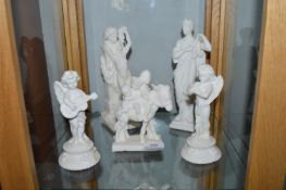 5x White Pottery Figures Including Cherubs, etc.