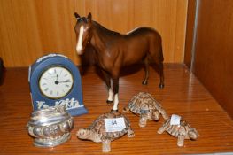 Wedgwood Blue & White Jasper Mantel Clock, Beswick Horse (AF), and Wade Tortoises