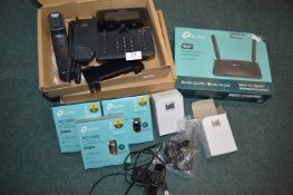 *TP Link Mini Wireless Adapter & Router, Office Phone, and a Webcam