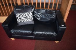 *Black Faux Leather Two Seat Sofa with Cushions