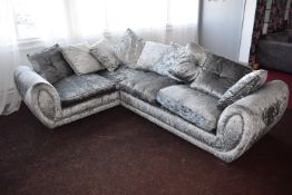 *Silver Dralon Corner Suite with Scatter Cushion Back and Stud Detailing