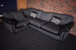 *Grey Fabric & Black Faux Leather Corner Suite with Scatter Cushion Back