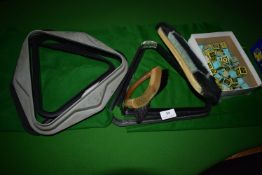 *Assorted Pool Triangles, Billard Table Brushes, Cue Chalk, etc.