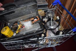 *Trolley Containing Assorted Hand Tools, Black Glass Chandelier, etc.
