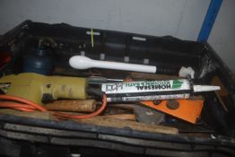 Box of Assorted Tools Including 240v Sander, Saw, Hammer, etc.