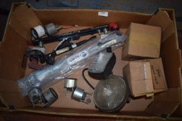 *Box of Various Lights, Quick Release Clamps, and Gauges for Retro Coaches, etc.