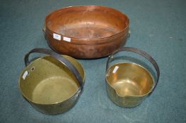 2x Brass Jam Pans, and a Copper Planter