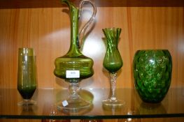 4x Retro Green Glass Vases