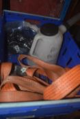 Box of Assorted Wheels, Ratchet Strap, etc.