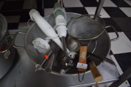 Large Aluminium Collander Containing Various Kitchen Tools, Blenders, etc.