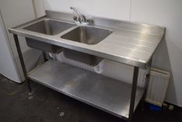 *Stainless Steel Commercial Double Bowl Sink Unit with Shelf 150x60cm