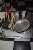 Aluminium Baking Tray, 3x Saute Pans, and Assorted Kitchen Tools