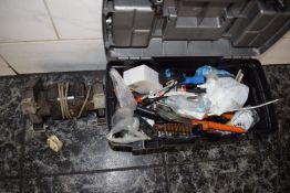 Toolbox Containing Various Hand Tools and a Double Headed Bench Grinder