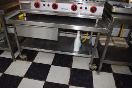 Stainless Steel Mobile Preparation Table 120x65cm x 70cm high with Undershelf, Drawer, and Upstand
