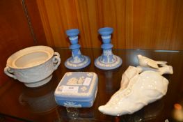Wedgwood Blue & White Jasperware Candlesticks, Trinket Box, Twin Handled Dish, and a Dove with an