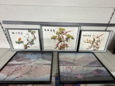 3 x framed oriental silk embroidered artwork & 2 x framed floral oriental prints