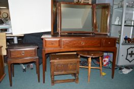 Stag Dressing Table with Triple Mirror plus Bedside Cabinet and Two Small Occasional Tables