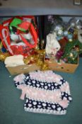 2x Boxes of Christmas Jumpers, Tinsel, and Decorations