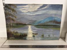 Original oil on canvas of a water and mountainous scene - artist unknown