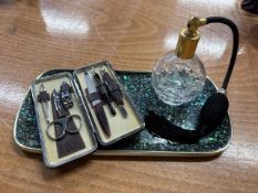 Crystal perfume atomiser, manicure set, and decorative tray