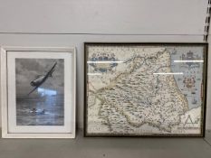 Framed antique map of County Durham and flight of the winjeels print.