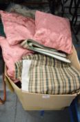 Box of Various Curtains, Tiebacks, and Cushions