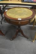Mahogany Drum Table with Green Leather Inset Top and Tripod Base