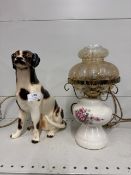Antique electric hurricane lamp and a porcelain dog ornament