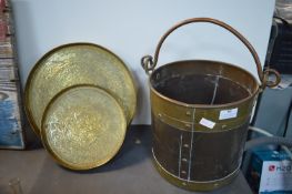 Brass Coal Bucket and Two Trays