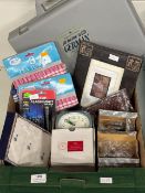 An assortment of various household goods to include, clocks, flashlight, photo frame, handkerchiefs,