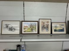 3 x framed watercolours and a framed sketch of a dog, all different artists