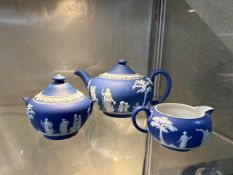 3x Wedgewood dark blue jasperware - teapot, milk jug and sugar pot