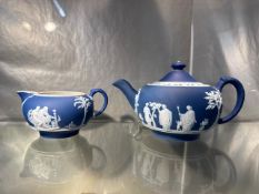 2x Wedgewood dark blue jasperware - teapot and milk jug