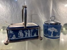 2x Wedgewood blue jasperware - butter dish with knife and storage pot