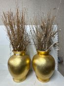 2 x gold leaf effect vases with dried floral displays