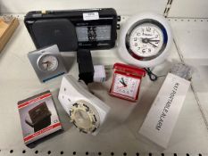 Sony vintage radio and a selection of travel clocks and alarms