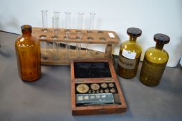 Vintage Chemistry Bottles, Test Tubes, and a Set of Weights