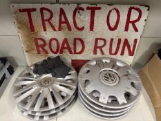 Quantity of VW wheel trims, centre caps and a tractor run sign