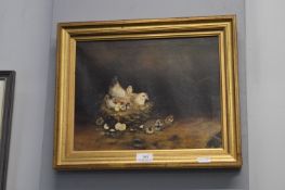 Unsigned Oil on Canvas Study of a Hen & Chicks