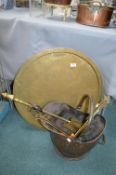 Large Brass Tray, Coal Scuttle, and Fire Tools